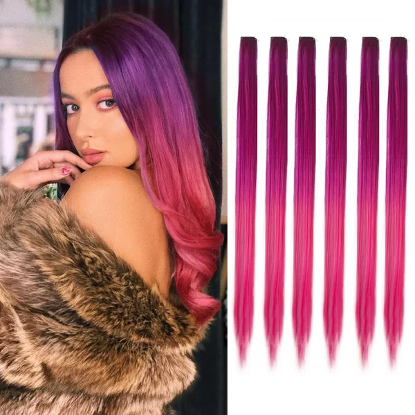 6pcs/pack Colored Party Highlights Clip in Hair Extensions for Girls 22 inches Multi-colors Straight Hair Synthetic Hairpieces - Image 12