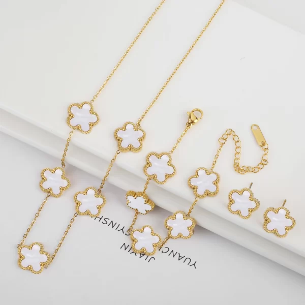 3PCS Stainless Steel Five Leaf Flower Shell Jewelry Set Simple for Woman Girl Party Jewelry Bracelet Necklace Earrings Clover - Image 3