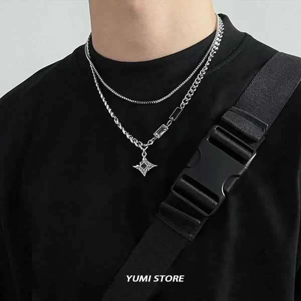 Hip Hop Zircon Star Double Layer Necklace For Men Women Trend Charm Titanium Steel Pendant Chain Unisex Jewelry Wholesale - Image 2