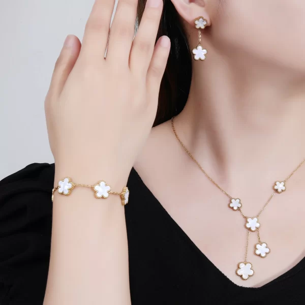 3PCS Stainless Steel Five Leaf Flower Shell Jewelry Set Simple for Woman Girl Party Jewelry Bracelet Necklace Earrings Clover - Image 5