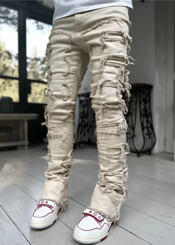 Men's Regular Fit Stacked Jeans Ripped Slim Fit Patch Distressed Destroyed Straight Denim Pants Hip Hop Streetwear Trouser Cloth - Image 7