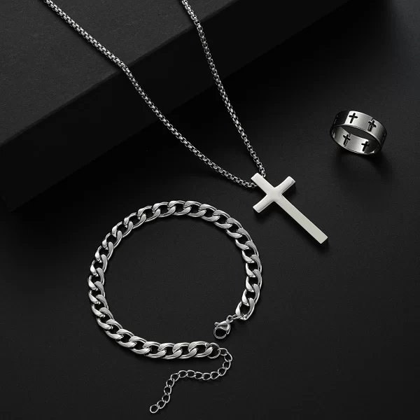 3 Pcs Stainless Steel Bracelet Necklace Ring for Men Women Retro Simple And Personalized Punk Hip Hop Jewelry Set Fashion Gifts - Image 6