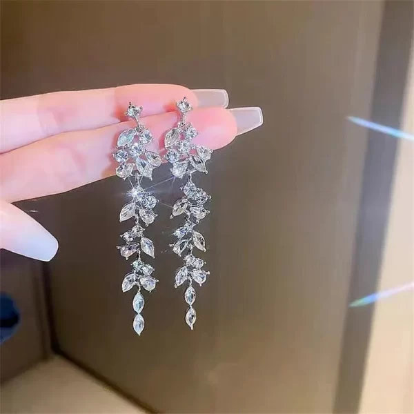 Sliver Maple Leaf Zircon Tassel Long Earrings For Women Shiny Rhinestone Wedding Drop Earrings Party Jewelry Gifts - Image 2