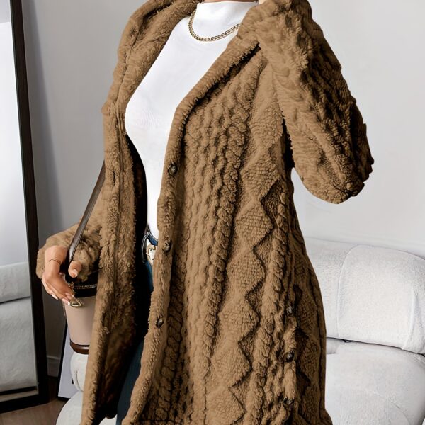 Elegant Beige Quilted Faux Fur Hooded Cardigan - Cozy Long Sleeve, Button Front Outerwear with Diamond Pattern, Perfect for Fall/Winter, Machine Washable - Image 15