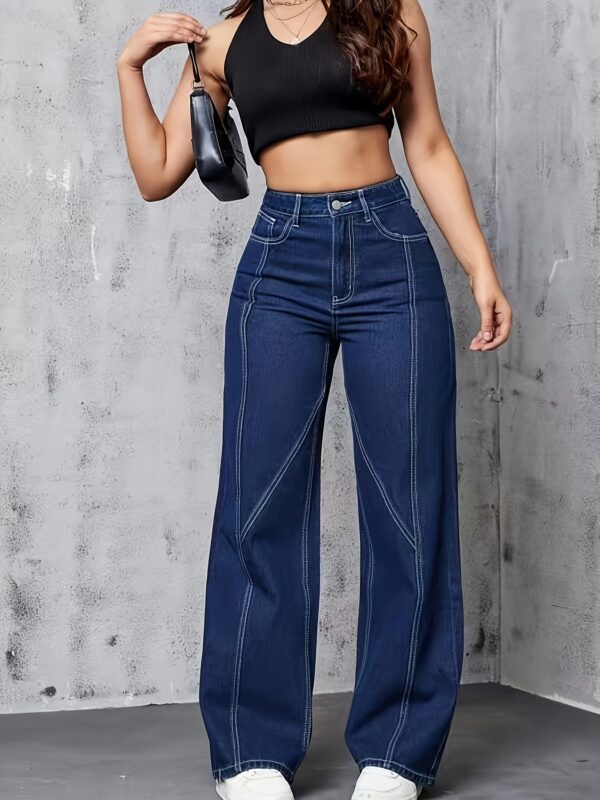 [High-Waist Wide-Leg Jeans] Dark Blue Stretch Denim High-Waist Wide-Leg Jeans - Casual, Versatile, Machine Washable