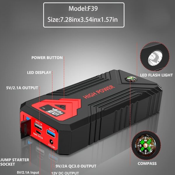 2500A Portable Car Jump Starter 20000mAh Power Bank - 12V Battery Booster Charger for 6.0L Gas and 5.0L Diesel Engines -car, motorcycle, SUV, and Safely Starts Dead Batteries in seconds, with flashlight, compass - Image 14