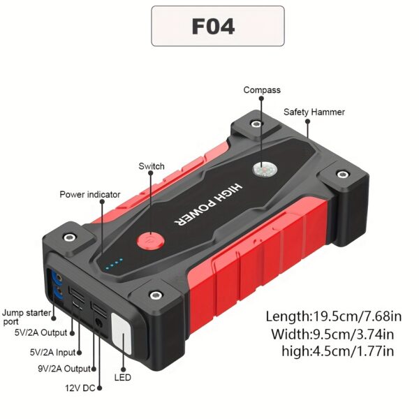 2500A Portable Car Jump Starter 20000mAh Power Bank - 12V Battery Booster Charger for 6.0L Gas and 5.0L Diesel Engines -car, motorcycle, SUV, and Safely Starts Dead Batteries in seconds, with flashlight, compass - Image 15