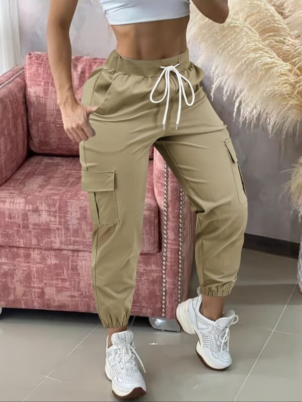 Women'S Casual Cargo Pants, Polyester Solid Color All-Season Woven Trousers, with Drawstring Waist - Image 2