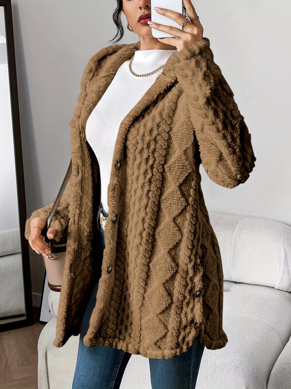 Elegant Beige Quilted Faux Fur Hooded Cardigan - Cozy Long Sleeve, Button Front Outerwear with Diamond Pattern, Perfect for Fall/Winter, Machine Washable