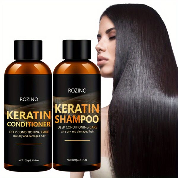 ROZINO Keratin Shampoo and Conditioner Set, 2pcs - Deep Conditioning and Cleaning Care for Dry Hair, Unisex-adult, Glycerin Enriched, Smooth Silky Finish, Hydrating Long-Lasting Scent, Hair Care Combo