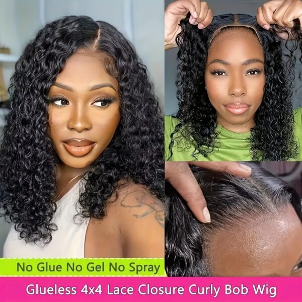 4x4 Put On And Go Human Hair Curly For Women Kinky Curly Lace Front Wig Human Hair Pre Plucked Pre Cut Lace Ready To Wear 180% Density Natural Black - Image 2