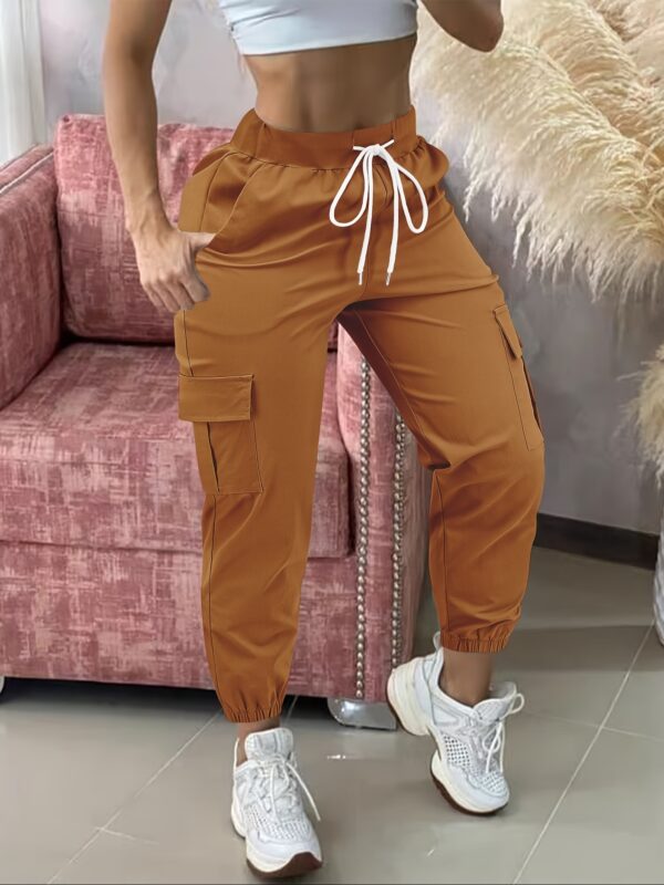 Women'S Casual Cargo Pants, Polyester Solid Color All-Season Woven Trousers, with Drawstring Waist - Image 3