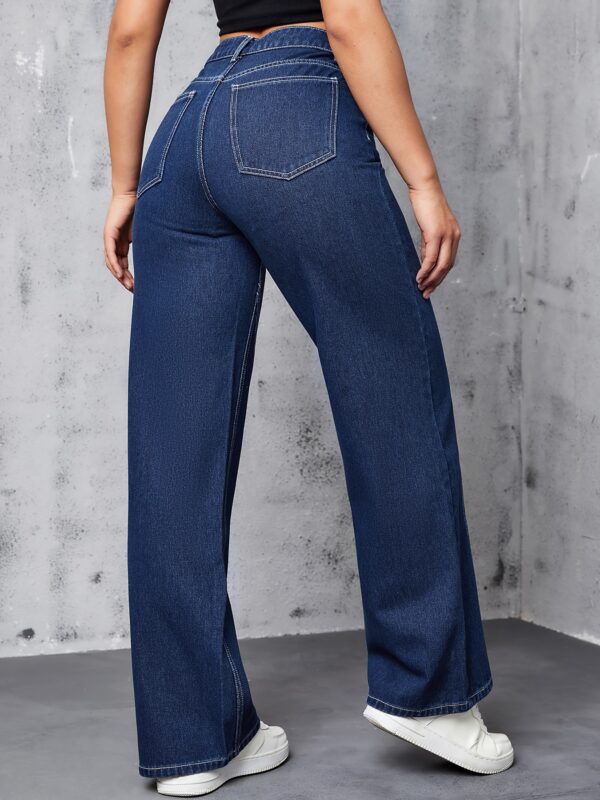 [High-Waist Wide-Leg Jeans] Dark Blue Stretch Denim High-Waist Wide-Leg Jeans - Casual, Versatile, Machine Washable - Image 2