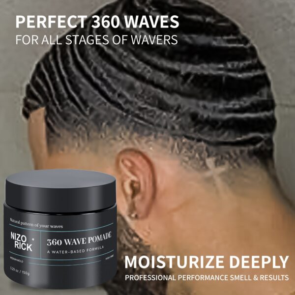 Nizo Rick 360 Wave Pomade - 150g, Castor Oil Infused, Water-Based Hair Styling Gel for All Curl Types - Moisturizing & Strong Hold, Easy Rinse - Image 10