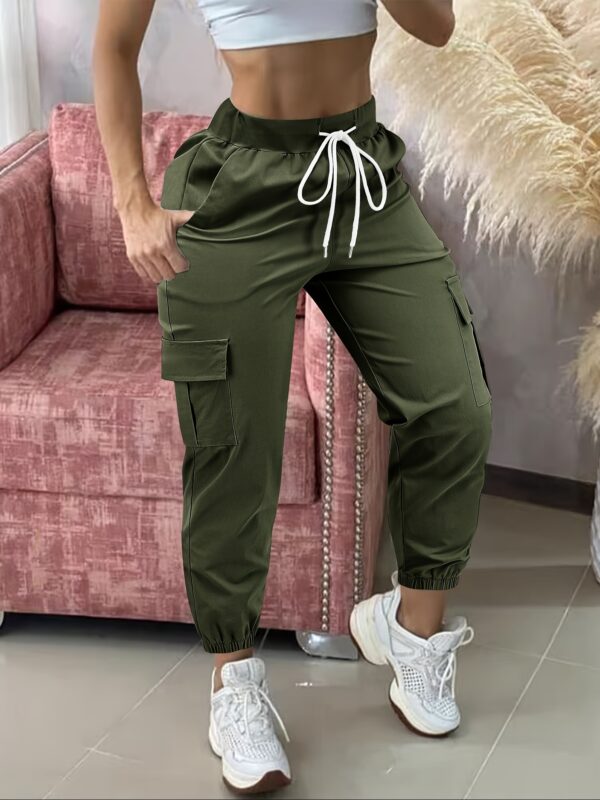 Women'S Casual Cargo Pants, Polyester Solid Color All-Season Woven Trousers, with Drawstring Waist