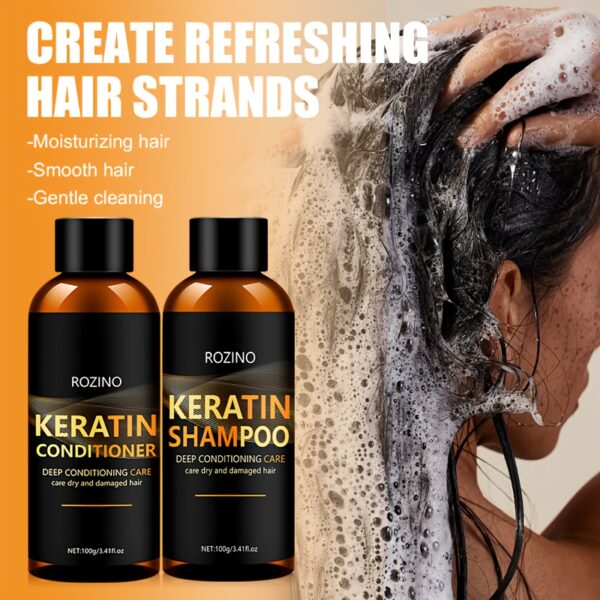 ROZINO Keratin Shampoo and Conditioner Set, 2pcs - Deep Conditioning and Cleaning Care for Dry Hair, Unisex-adult, Glycerin Enriched, Smooth Silky Finish, Hydrating Long-Lasting Scent, Hair Care Combo - Image 5