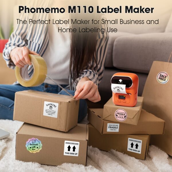 Phomemo M110 Barcode Printer - Suitable for Small Businesses, Schools, Barcodes, Addresses, Jewelry, Clothing, Label Making Machine Wireless Thermal Label Printer, Orange - Image 10