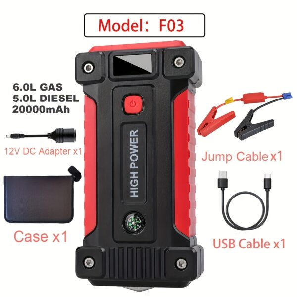 2500A Portable Car Jump Starter 20000mAh Power Bank - 12V Battery Booster Charger for 6.0L Gas and 5.0L Diesel Engines -car, motorcycle, SUV, and Safely Starts Dead Batteries in seconds, with flashlight, compass - Image 5