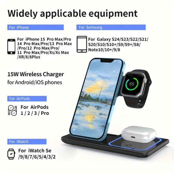 Wireless Charging Station 3-in-1 Standard 15W Fast Mag-Safe Charger Stand with QC3.0 Adapter, Suitable for iPhone 15 14 13 12 11 x 8 Pro Max/Pro/Mini/Plus, iWatch Ultra 9/8 7/6/5/4/3/2, AirPods 3/2 - Image 5