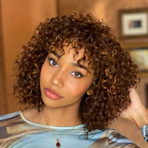 Short Curly Human Hair Wigs Colored Brazilian Bob Human Hair Wigs For Women Ombre Highlight Brown Black Deep Curly Full Wig With Bangs 150% - Image 3