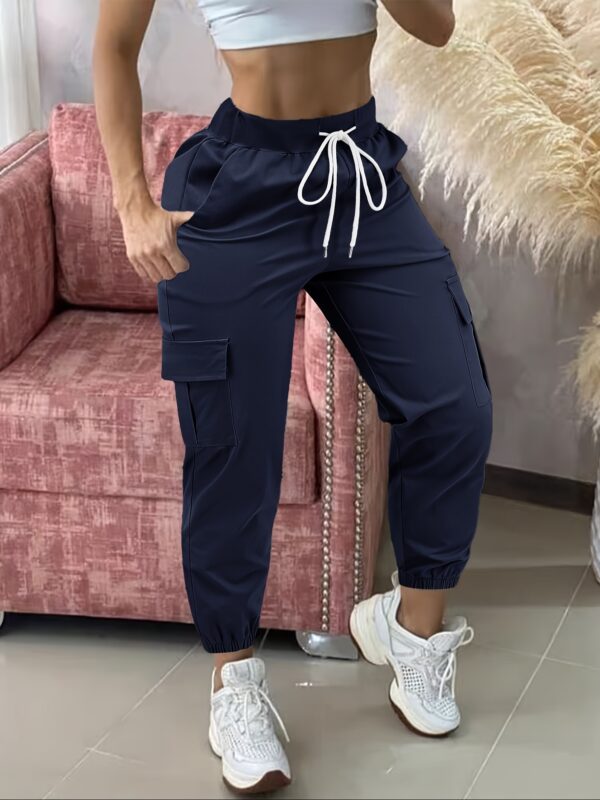 Women'S Casual Cargo Pants, Polyester Solid Color All-Season Woven Trousers, with Drawstring Waist - Image 7