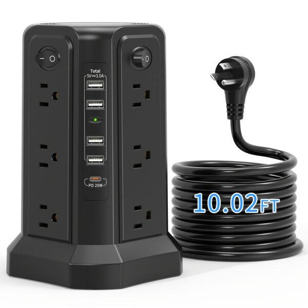 New Tower Surge Protector Power Plug, Upgraded Version 10.2ft Extension Cable with 12 AC Outlets and 5 USB Charging Ports, Essential for Home, Office, Dormitory, School, Shopping Mall, Restaurant, Factory - Image 6