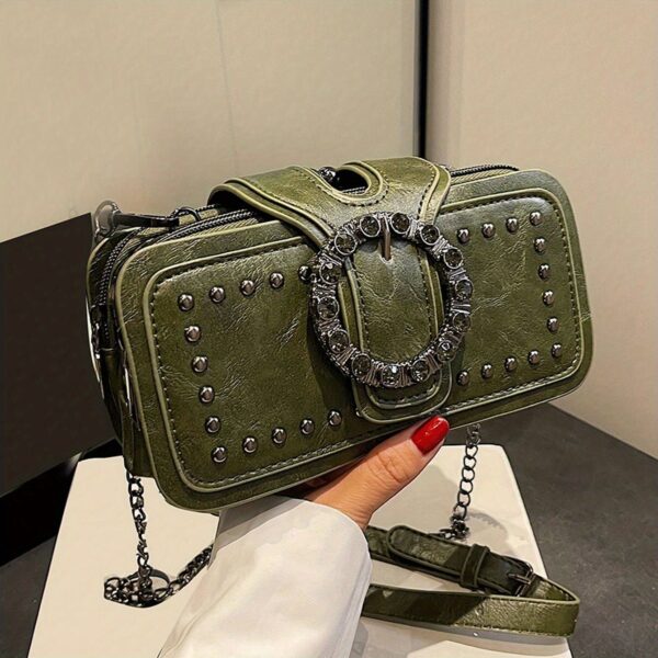 Retro Black Multi-layer Clutch Bag - Rivet Motorcycle Chain Shoulder Bag for Mobile Phone - Small Square Bag - Image 9