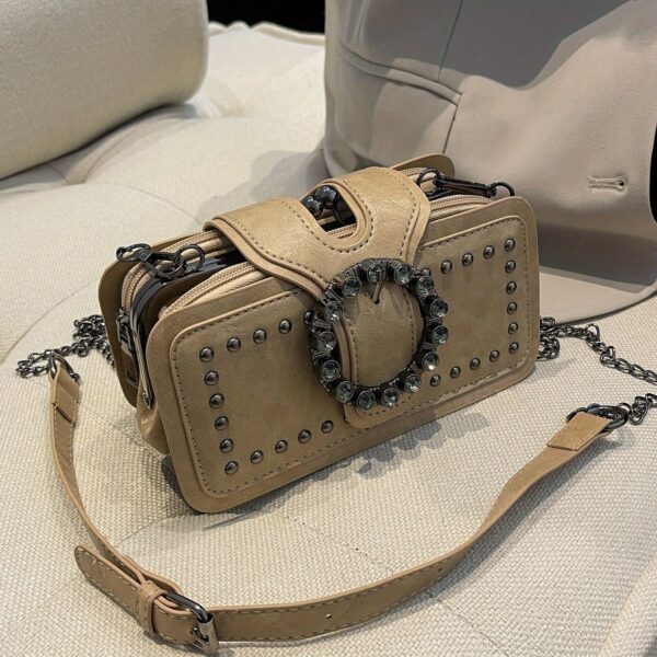 Retro Black Multi-layer Clutch Bag - Rivet Motorcycle Chain Shoulder Bag for Mobile Phone - Small Square Bag - Image 11