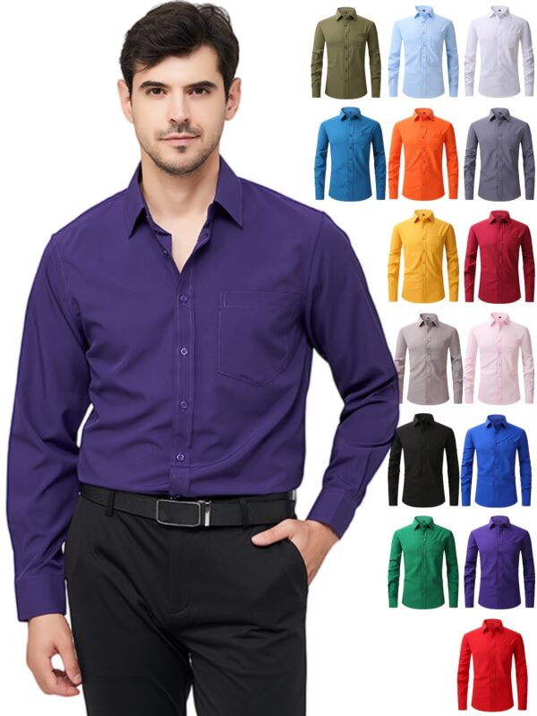 Regular Men's Formal Shirts, Wrinkle-free, Slight Stretch, Solid Color Business Shirts With Buttons - Image 4