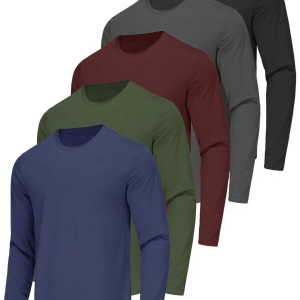 5 Pack Breathable Solid Color Long Sleeve T-shirt, Men's Quick-Dry Crew Neck Top For Summer Sport & Casual Wear - Image 9