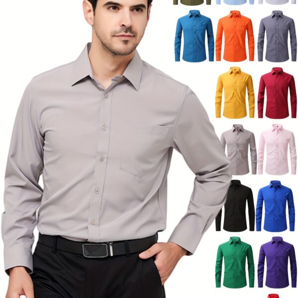 Regular Men's Formal Shirts, Wrinkle-free, Slight Stretch, Solid Color Business Shirts With Buttons - Image 12