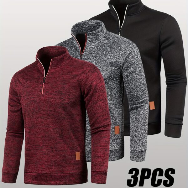 [3-Pack Fleece-Lined Sweatshirts for Hiking] 3-Pack Men'S Fleece-Lined Half-Zip Sweatshirts, Casual Solid Color Pullovers with Stand Collar, Long Sleeve, Polyester 100%, Slight Stretch, Knit Fabric, 210g/m², for Fall/Winter, Hiking & Outdoor, Regular Fit - Image 14