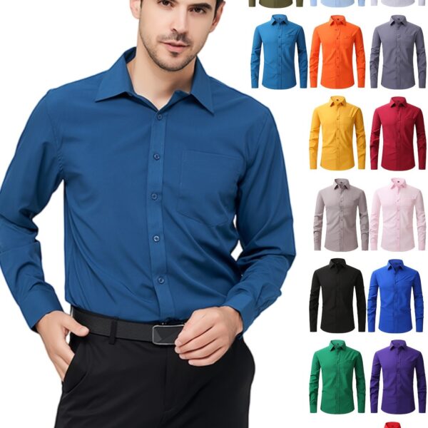 Regular Men's Formal Shirts, Wrinkle-free, Slight Stretch, Solid Color Business Shirts With Buttons - Image 20