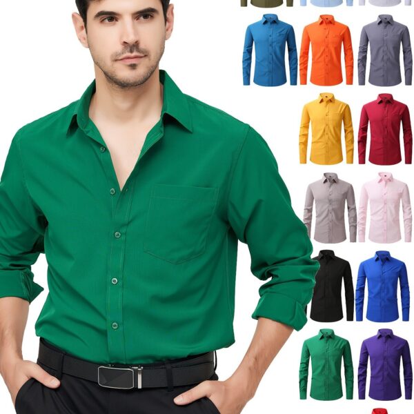 Regular Men's Formal Shirts, Wrinkle-free, Slight Stretch, Solid Color Business Shirts With Buttons - Image 10