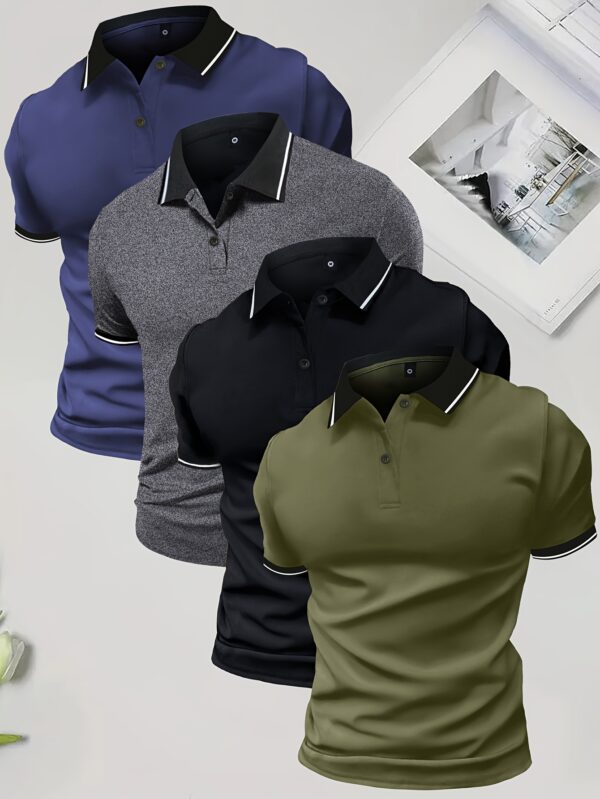 4-Pack Men'S Summer Polo Shirts, Solid Color Short Sleeve, Regular Fit, Knit Fabric, Polyester 95%, Elastane 5%, Lapel Collar, Button Detail, Slight Stretch, Casual Sportswear Tops - Image 5