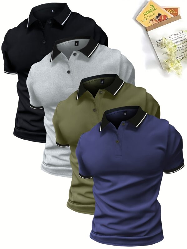 4-Pack Men'S Summer Polo Shirts, Solid Color Short Sleeve, Regular Fit, Knit Fabric, Polyester 95%, Elastane 5%, Lapel Collar, Button Detail, Slight Stretch, Casual Sportswear Tops - Image 2