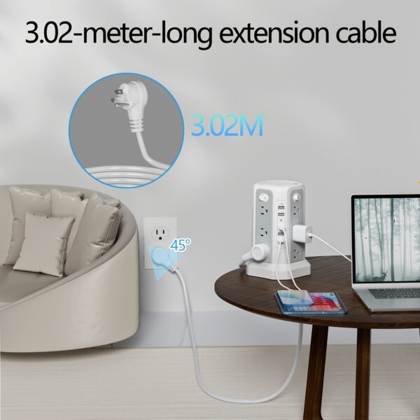 New Tower Surge Protector Power Plug, Upgraded Version 10.2ft Extension Cable with 12 AC Outlets and 5 USB Charging Ports, Essential for Home, Office, Dormitory, School, Shopping Mall, Restaurant, Factory - Image 3