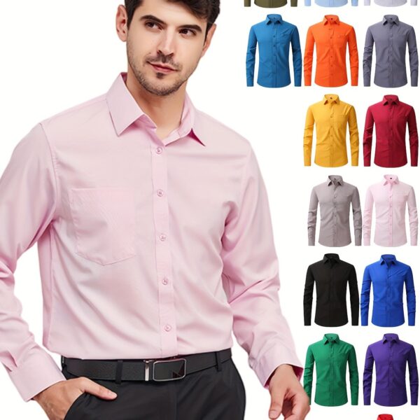 Regular Men's Formal Shirts, Wrinkle-free, Slight Stretch, Solid Color Business Shirts With Buttons - Image 19