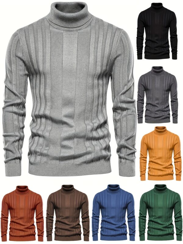 Turtleneck Knitted Sweater, Men's Casual Warm Solid High Stretch Pullover Sweater For Fall Winter