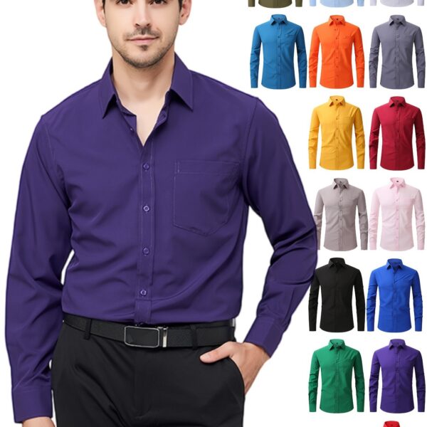 Regular Men's Formal Shirts, Wrinkle-free, Slight Stretch, Solid Color Business Shirts With Buttons - Image 23