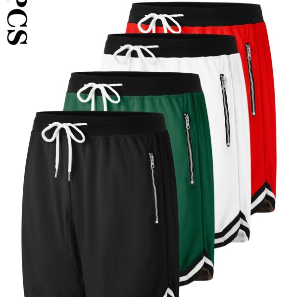 4pcs Men's Casual Athletic Shorts with Zipper Pockets - Breathable Polyester, Elastic Waistband, Multi-Color Basketball & Sports Wear, Machine Washable - Image 8