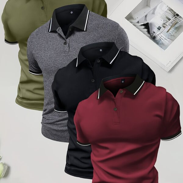 4-Pack Men'S Summer Polo Shirts, Solid Color Short Sleeve, Regular Fit, Knit Fabric, Polyester 95%, Elastane 5%, Lapel Collar, Button Detail, Slight Stretch, Casual Sportswear Tops - Image 13