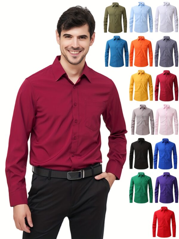 Regular Men's Formal Shirts, Wrinkle-free, Slight Stretch, Solid Color Business Shirts With Buttons - Image 2