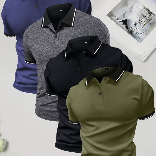 4-Pack Men'S Summer Polo Shirts, Solid Color Short Sleeve, Regular Fit, Knit Fabric, Polyester 95%, Elastane 5%, Lapel Collar, Button Detail, Slight Stretch, Casual Sportswear Tops - Image 15