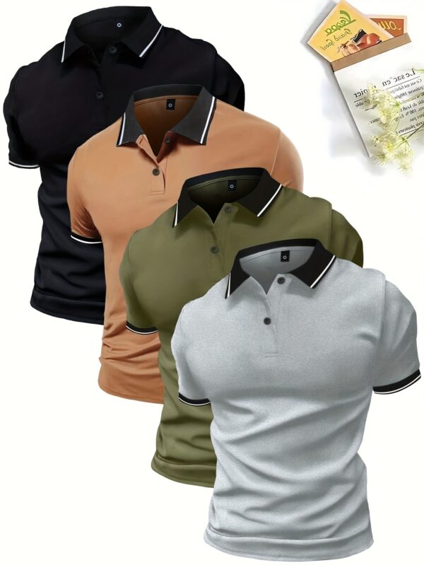 4-Pack Men'S Summer Polo Shirts, Solid Color Short Sleeve, Regular Fit, Knit Fabric, Polyester 95%, Elastane 5%, Lapel Collar, Button Detail, Slight Stretch, Casual Sportswear Tops - Image 4