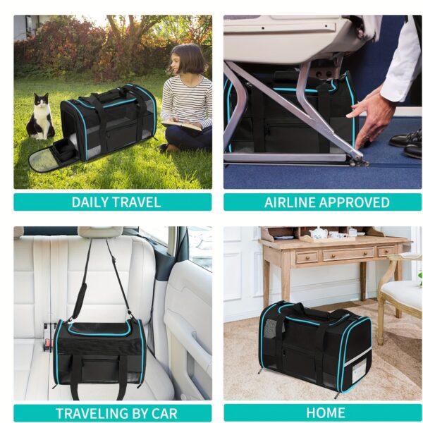 TSA-Approved Soft-Sided Cat Carrier with Collapsible Design, Cozy Fleece, Mesh Windows, Safety Zippers, and Reflective Strip – Light Blue & Black, Ideal for Small to Medium Cats and Puppies, Includes Shoulder Strap & Foldable Bowl - Image 9