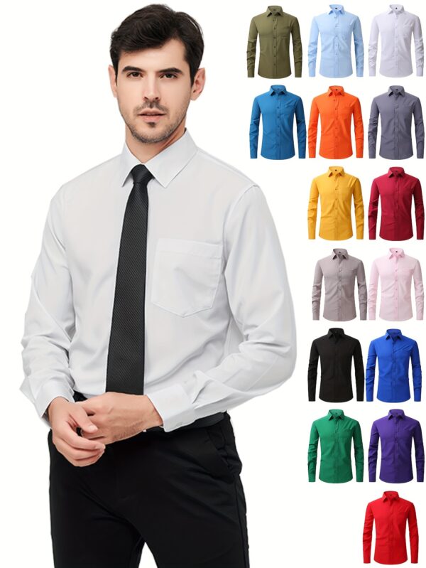 Regular Men's Formal Shirts, Wrinkle-free, Slight Stretch, Solid Color Business Shirts With Buttons - Image 3