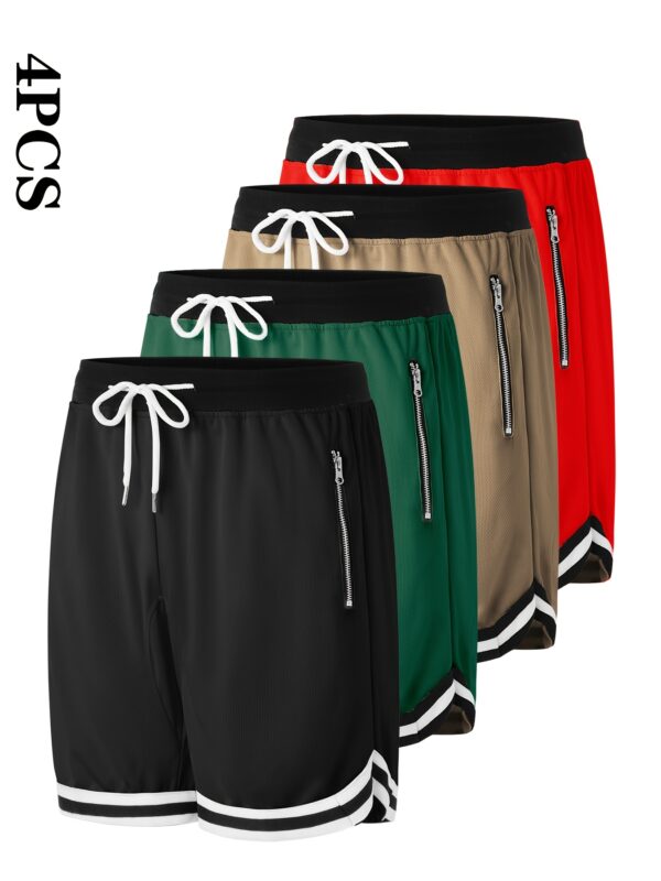 4pcs Men's Casual Athletic Shorts with Zipper Pockets - Breathable Polyester, Elastic Waistband, Multi-Color Basketball & Sports Wear, Machine Washable - Image 4