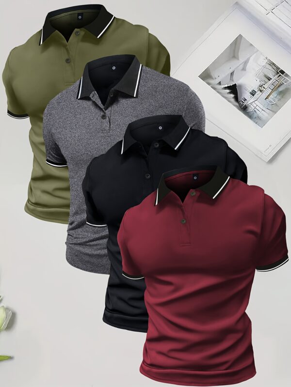 4-Pack Men'S Summer Polo Shirts, Solid Color Short Sleeve, Regular Fit, Knit Fabric, Polyester 95%, Elastane 5%, Lapel Collar, Button Detail, Slight Stretch, Casual Sportswear Tops - Image 9