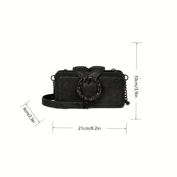 Retro Black Multi-layer Clutch Bag - Rivet Motorcycle Chain Shoulder Bag for Mobile Phone - Small Square Bag - Image 3